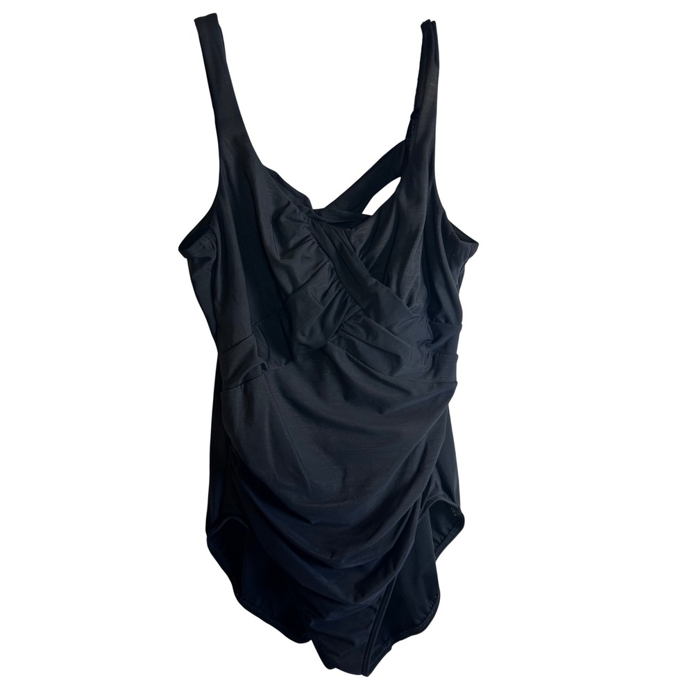 Lands' End One Piece Swimsuit Size 18 Black Ruched Surplice Keyhole Back Women